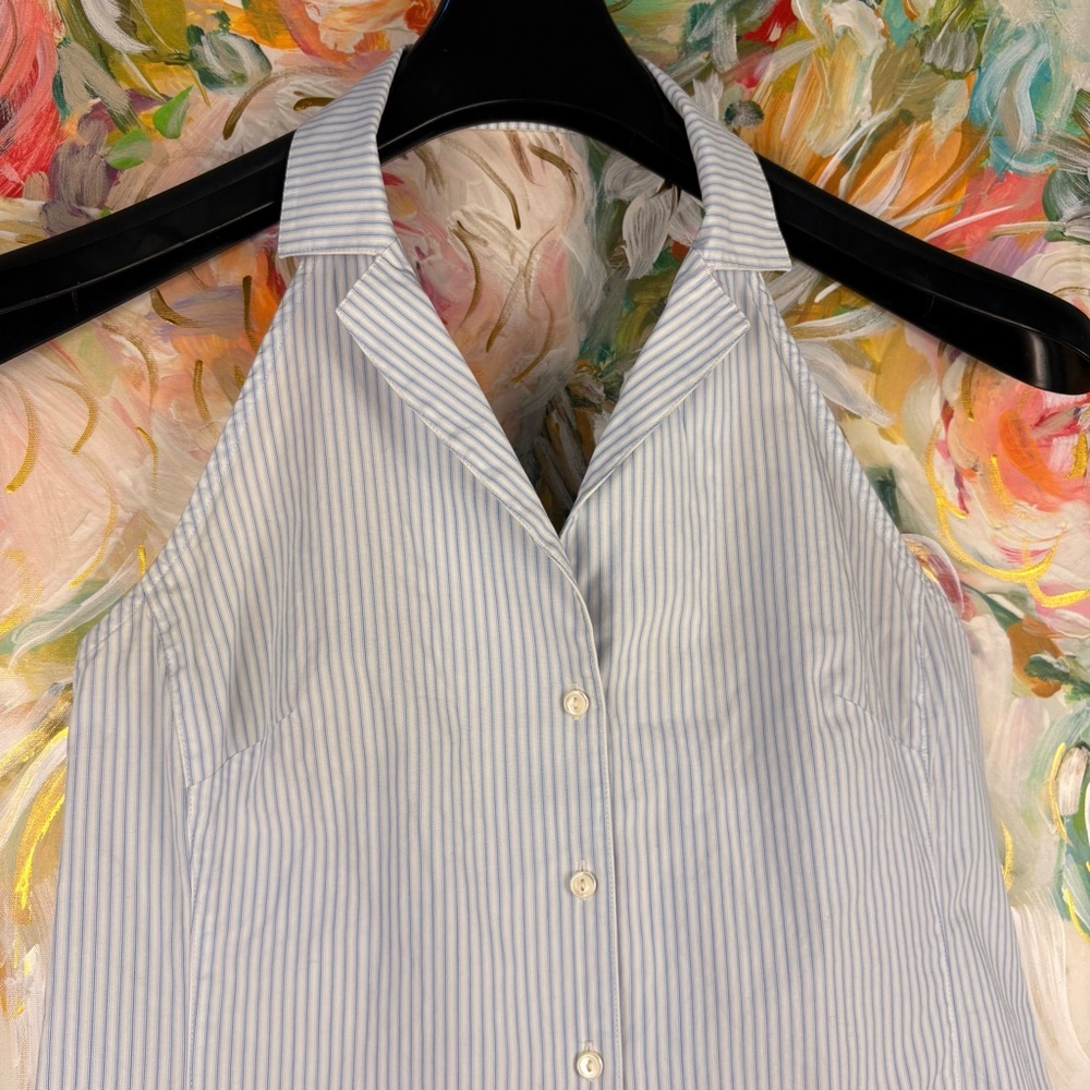 Banana Republic M Blue White Striped Halter Button Front Cotton Top - Picture 2 of 7